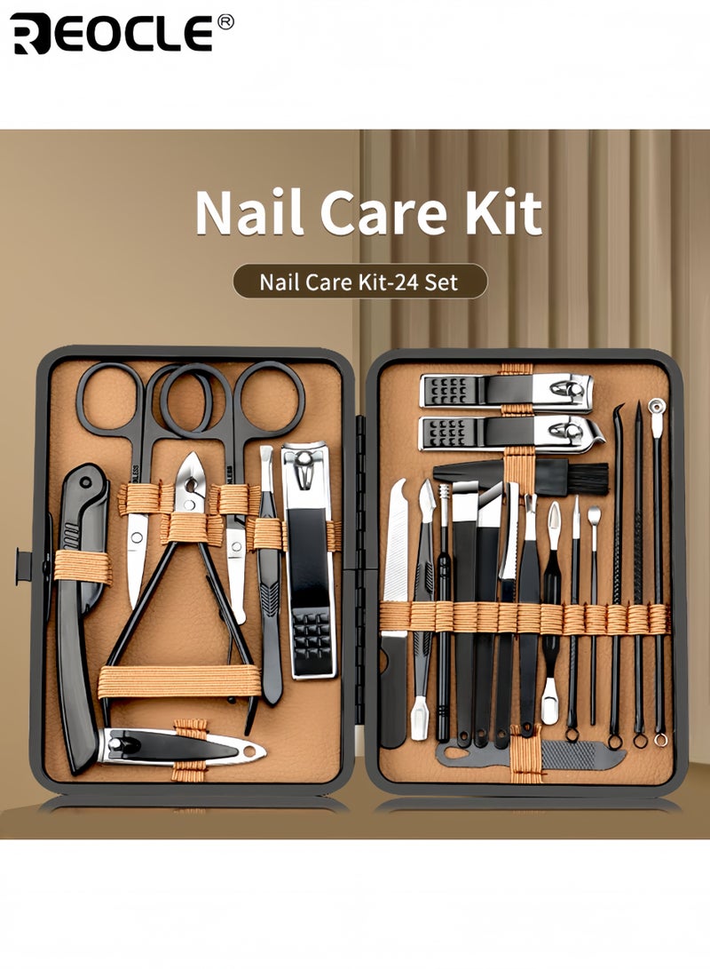 REOCLE 24PCS Luxury Stainless Steel Nail Care Kit Professional Nail Clippers Scissors and Beauty Tools with Portable Case Perfect for Home Salon Use Ideal Gift for Men  Women - Image 1