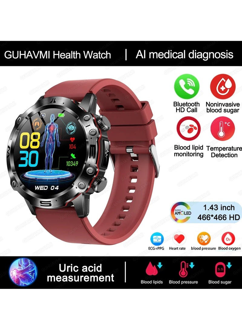 AROAQ Men Women Accurate Blood Sugar Heart Rate Blood Oxygen Uric Acid Health Monitor ECG and PPG Smart Watch - Image 1