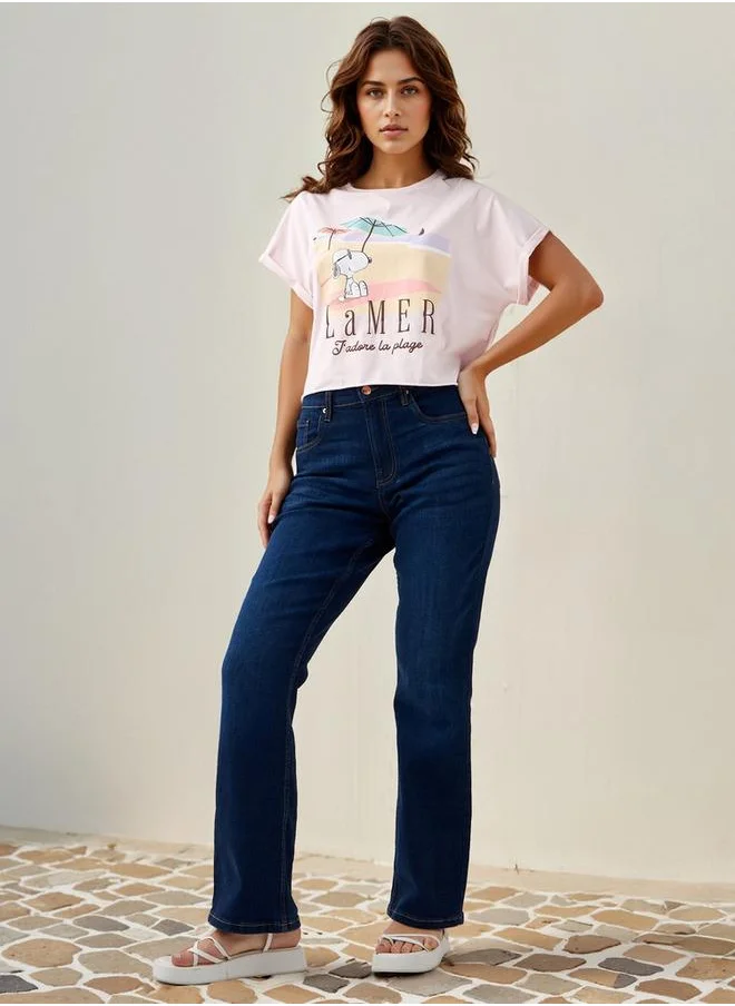 اس بي كاركترز Peanuts Print Crew Neck T-shirt with Short Sleeves