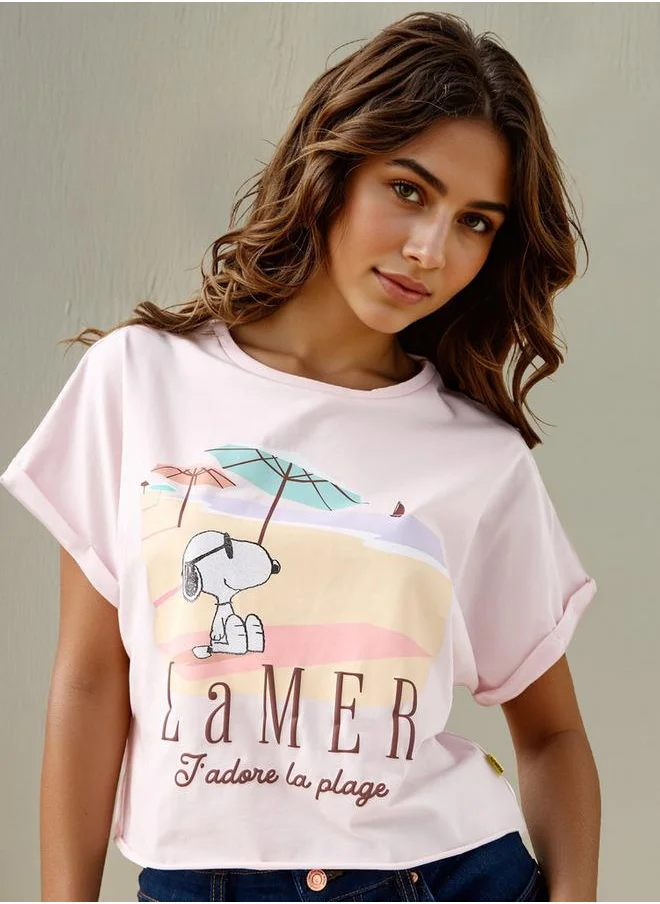 اس بي كاركترز Peanuts Print Crew Neck T-shirt with Short Sleeves
