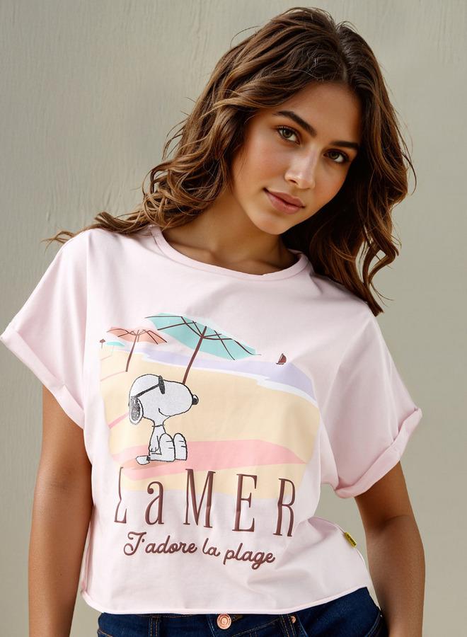 SP Characters Peanuts Print Crew Neck T-shirt with Short Sleeves - Image 1