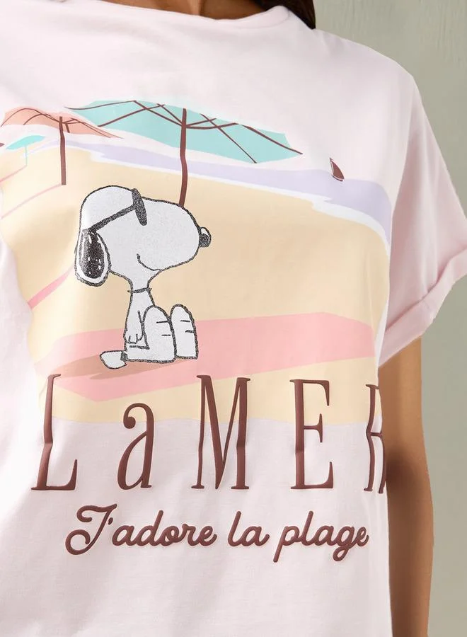 SP Characters  Peanuts Print Crew Neck T-shirt with Short Sleeves for Women | Best Price UAE