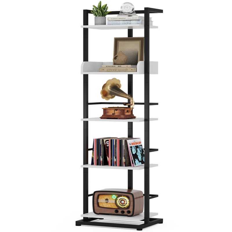 Hosfais Book Shelf Tall Bookshelf: 5 Tier Wood Bookcase with Metal Edge Protection Industrial Narrow Bookshelf Corner Storage Organizer Display Book Rack for Living Room Bedroom Office (Black White) - Image 1