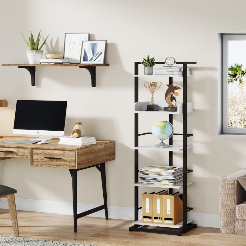 Hosfais Book Shelf Tall Bookshelf: 5 Tier Wood Bookcase with Metal Edge Protection Industrial Narrow Bookshelf Corner Storage Organizer Display Book Rack for Living Room Bedroom Office (Black White) - Image 4