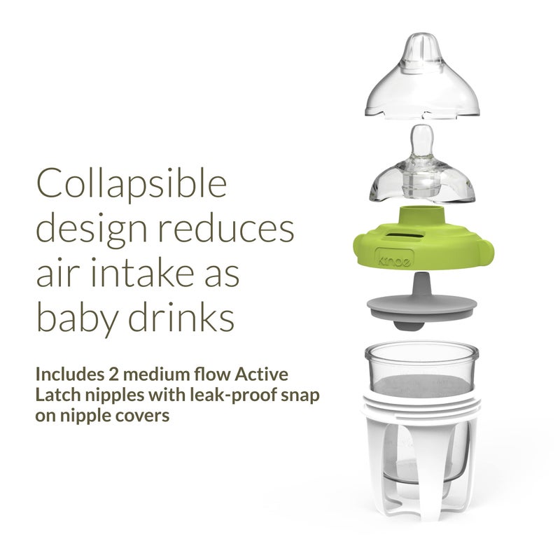 Kiinde Active Latch Silicone Baby Bottle, Anti Colic, Leak Proof, Easy to Clean, Includes 2 Medium Flow Active Latch Nipples with Covers, 4 Ounce, 2 Count, Green - Image 2