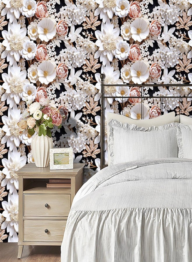 FunStick White 3D Floral Wallpaper Pink Embossed Flower Peel and Stick Wallpaper for Bedroom Wall Decor Ceiling Black White Floral Contact Paper for Cabinets Waterproof Removable Wall Paper 17.5"x118" - Image 5