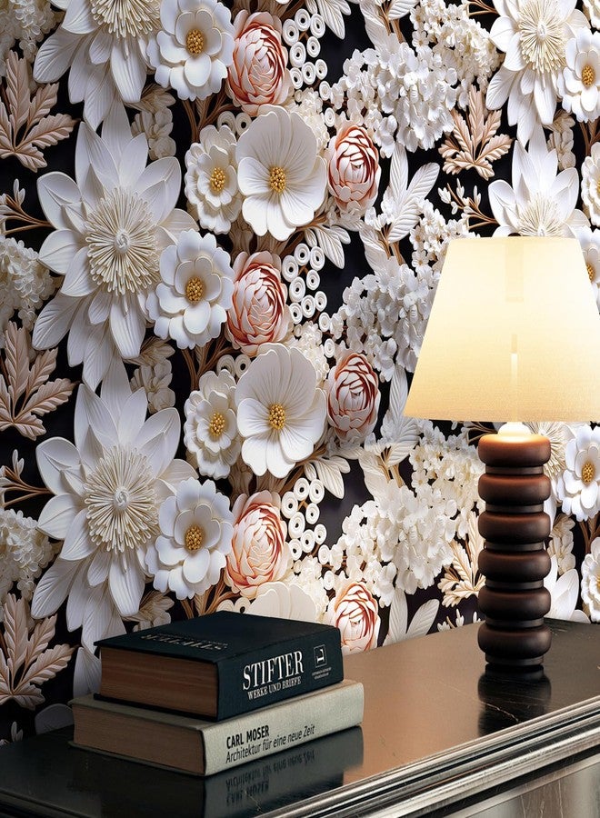 FunStick White 3D Floral Wallpaper Pink Embossed Flower Peel and Stick Wallpaper for Bedroom Wall Decor Ceiling Black White Floral Contact Paper for Cabinets Waterproof Removable Wall Paper 17.5"x118" - Image 2