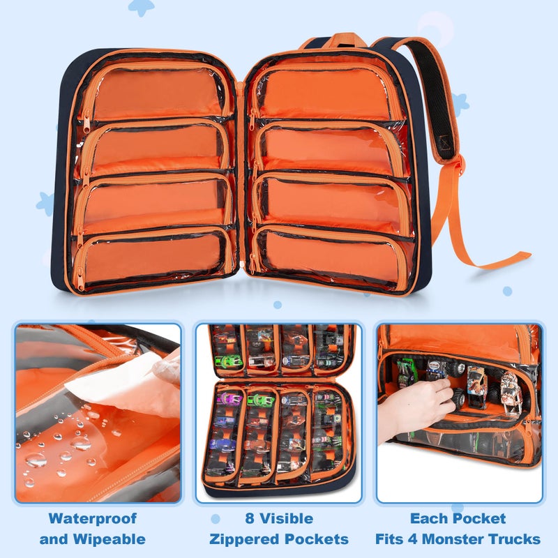 CURMIO Toy Cars Storage Backpack Compatible with Monster Jam Trucks/Hot Wheels 1:64 Scale Monster Trucks, Portable Carrying Case Bag with Front Pocket for Monster Truck, Dark Blue (Bag Only) - Image 2