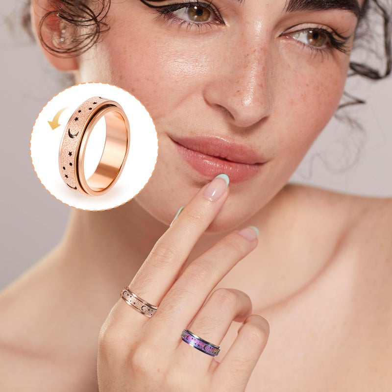 Heclia Fidget Rings Spinny Small 3PCS Anxiety Rings for Women and Men Spinner Ring with Moon Star Design Stress Relief Finger Toys for Adults Stainless Steel Jewelry for Anxiety Gold Rose Gold, Size 7 - Image 5