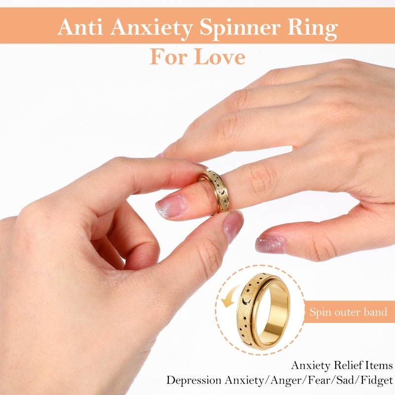 Heclia Fidget Rings Spinny Small 3PCS Anxiety Rings for Women and Men Spinner Ring with Moon Star Design Stress Relief Finger Toys for Adults Stainless Steel Jewelry for Anxiety Gold Rose Gold, Size 7 - Image 2