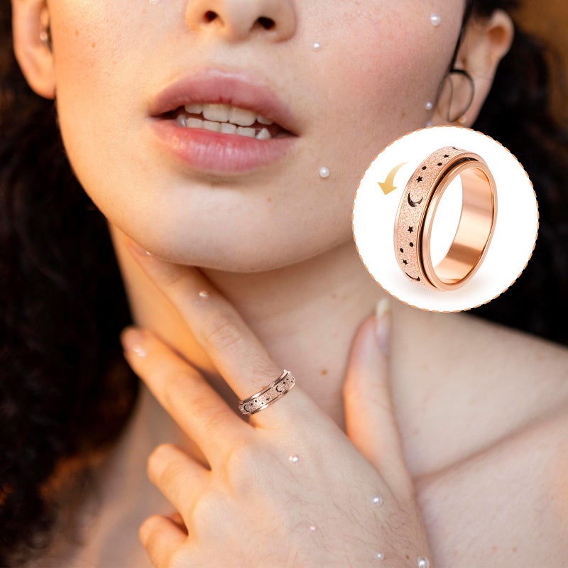 Heclia Fidget Rings Spinny Small 3PCS Anxiety Rings for Women and Men Spinner Ring with Moon Star Design Stress Relief Finger Toys for Adults Stainless Steel Jewelry for Anxiety Gold Rose Gold, Size 7 - Image 3