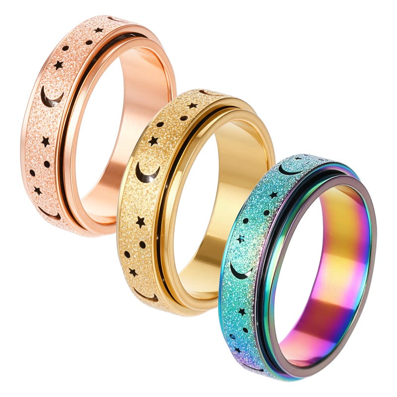 Heclia Fidget Rings Spinny Small 3PCS Anxiety Rings for Women and Men Spinner Ring with Moon Star Design Stress Relief Finger Toys for Adults Stainless Steel Jewelry for Anxiety Gold Rose Gold, Size 7 - Image 1