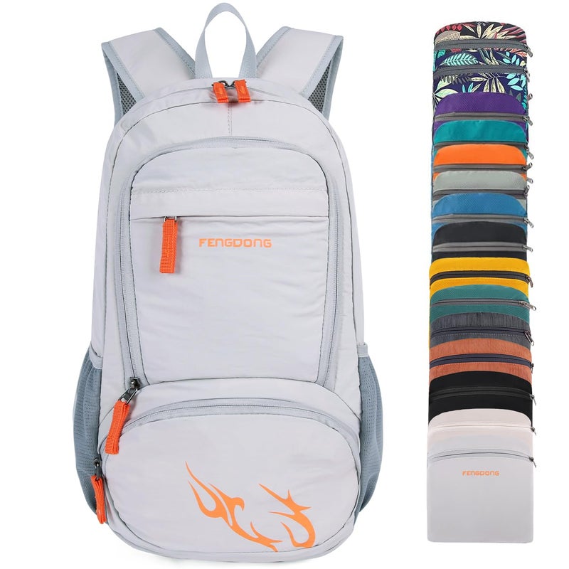 FENGDONG 35L Lightweight Foldable Waterproof Packable Travel Small Hiking Backpack Daypack for men women Gray Orange - Image 2