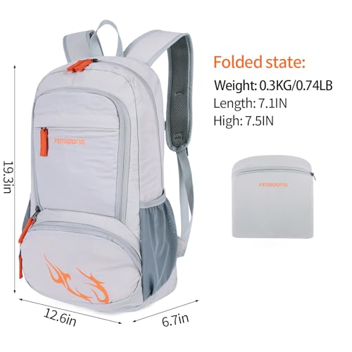 FENGDONG 35L Lightweight Foldable Waterproof Packable Travel Small Hiking Backpack Daypack for men women Gray Orange - Image 3