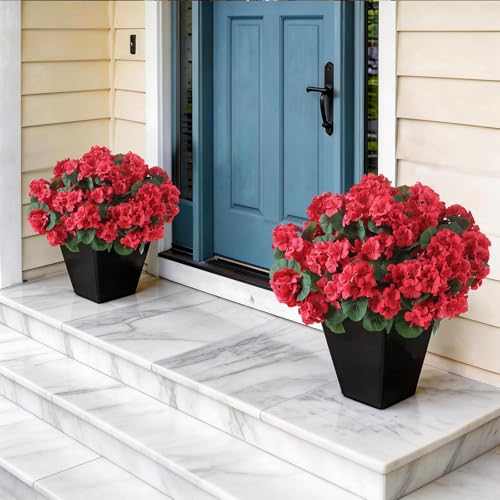 GLIDLION 2 Pack Artificial Geranium Flowers Topitary Trees for Outdoors, UV Resistant Geraniums Potted Bushes Look Real Silk Faux Plants for Front Door Garden Porch Planter Farmhouse Home Decor (Red) - Image 2