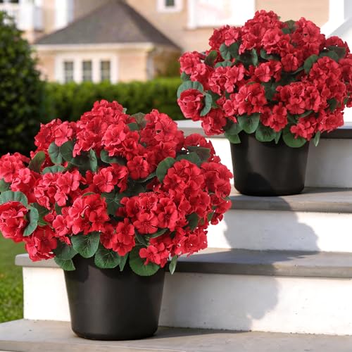 GLIDLION 2 Pack Artificial Geranium Flowers Topitary Trees for Outdoors, UV Resistant Geraniums Potted Bushes Look Real Silk Faux Plants for Front Door Garden Porch Planter Farmhouse Home Decor (Red) - Image 1