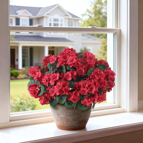 GLIDLION 2 Pack Artificial Geranium Flowers Topitary Trees for Outdoors, UV Resistant Geraniums Potted Bushes Look Real Silk Faux Plants for Front Door Garden Porch Planter Farmhouse Home Decor (Red) - Image 4