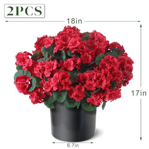 GLIDLION 2 Pack Artificial Geranium Flowers Topitary Trees for Outdoors, UV Resistant Geraniums Potted Bushes Look Real Silk Faux Plants for Front Door Garden Porch Planter Farmhouse Home Decor (Red) - Image 5