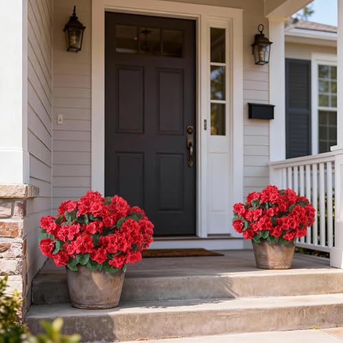GLIDLION 2 Pack Artificial Geranium Flowers Topitary Trees for Outdoors, UV Resistant Geraniums Potted Bushes Look Real Silk Faux Plants for Front Door Garden Porch Planter Farmhouse Home Decor (Red) - Image 3