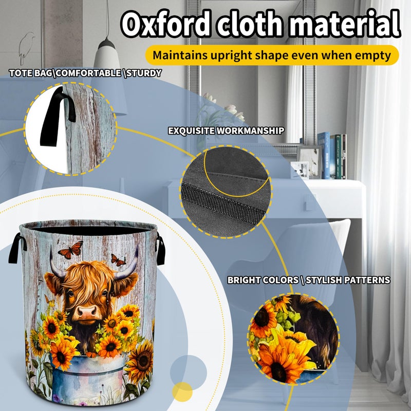 NUTAINLA Highland Cow Sunflower Laundry Basket Animal Foldable Oxford Cloth Funny Tote Bag Laundry Hamper Clothes Storage Bucket Toy Organizer For Bathroom/Laundry Storage/Bedroom 18.9x16.5 Inch - Image 3