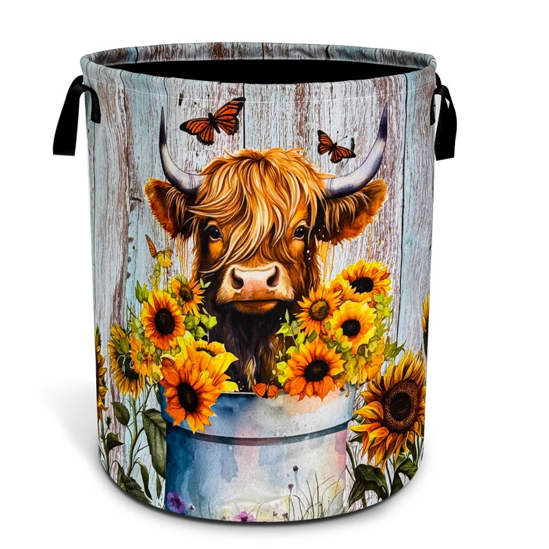NUTAINLA Highland Cow Sunflower Laundry Basket Animal Foldable Oxford Cloth Funny Tote Bag Laundry Hamper Clothes Storage Bucket Toy Organizer For Bathroom/Laundry Storage/Bedroom 18.9x16.5 Inch - Image 1