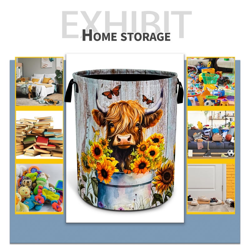NUTAINLA Highland Cow Sunflower Laundry Basket Animal Foldable Oxford Cloth Funny Tote Bag Laundry Hamper Clothes Storage Bucket Toy Organizer For Bathroom/Laundry Storage/Bedroom 18.9x16.5 Inch - Image 5