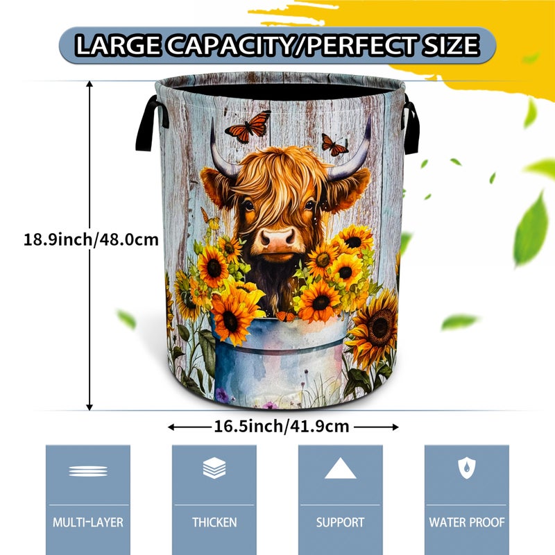NUTAINLA Highland Cow Sunflower Laundry Basket Animal Foldable Oxford Cloth Funny Tote Bag Laundry Hamper Clothes Storage Bucket Toy Organizer For Bathroom/Laundry Storage/Bedroom 18.9x16.5 Inch - Image 2