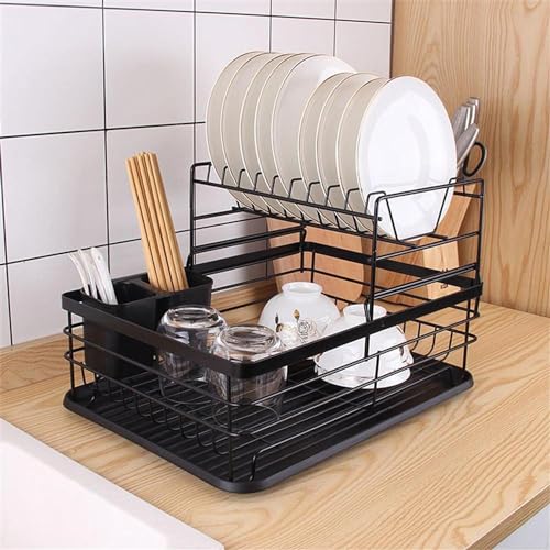 Zeinwap metal Kitchen Dish Rack Drainer|Drying Rack with Removable Drain Tray, 2-Tier Rack Large (Black) - Image 3