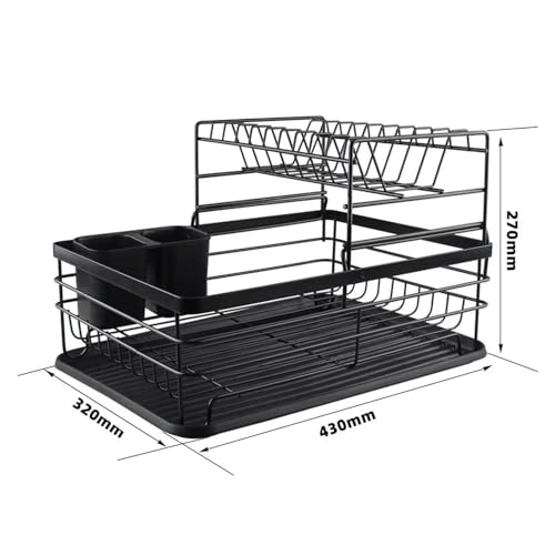 Zeinwap metal Kitchen Dish Rack Drainer|Drying Rack with Removable Drain Tray, 2-Tier Rack Large (Black) - Image 2