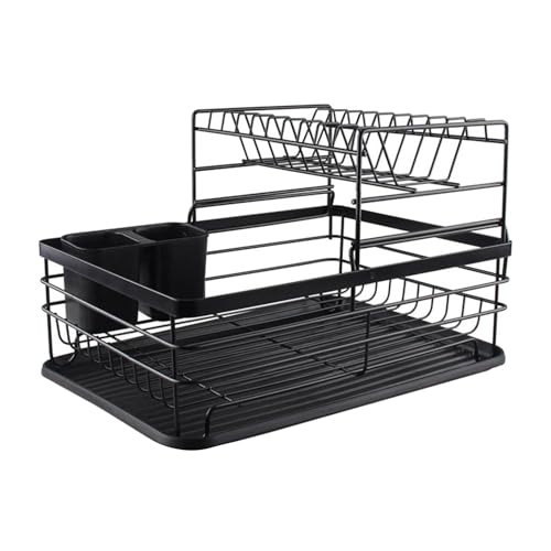 Zeinwap metal Kitchen Dish Rack Drainer|Drying Rack with Removable Drain Tray, 2-Tier Rack Large (Black) - Image 1