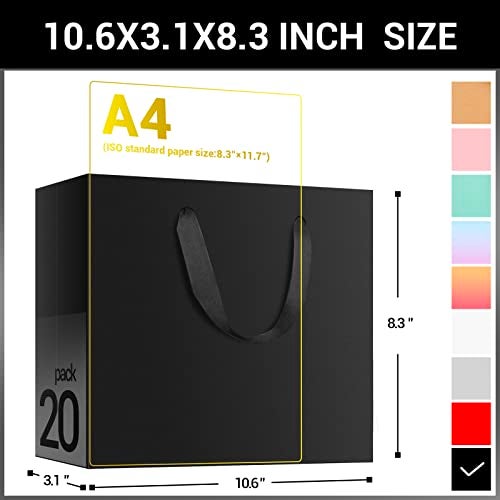 EUSOAR Black Gift Bags with Handles, Medium 20pcs 10.6" x 3.1" x 8.3" Heavy Duty Kraft Paper Wrap Bags with Cloth Handles for Retail, Grocery, Boutique, Business, Merchandise, Party Favor, Wedding - Image 2