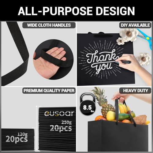 EUSOAR Black Gift Bags with Handles, Medium 20pcs 10.6" x 3.1" x 8.3" Heavy Duty Kraft Paper Wrap Bags with Cloth Handles for Retail, Grocery, Boutique, Business, Merchandise, Party Favor, Wedding - Image 3