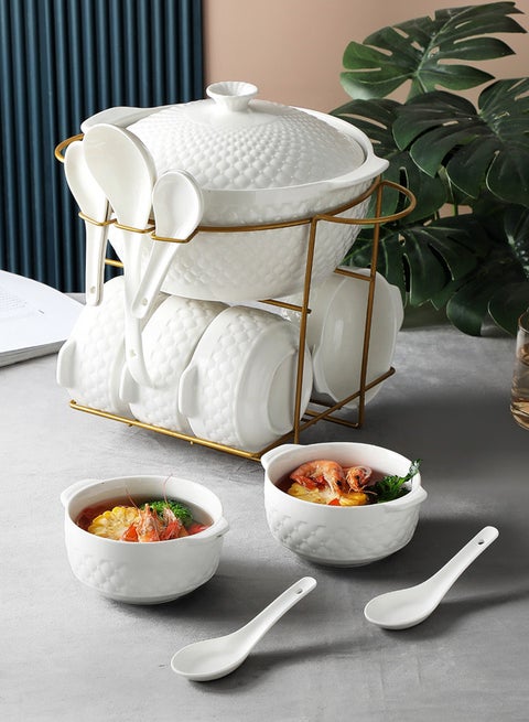 16-Piece Porcelain Soup & Bowl Set White With Gold Stand 10.25 Inch