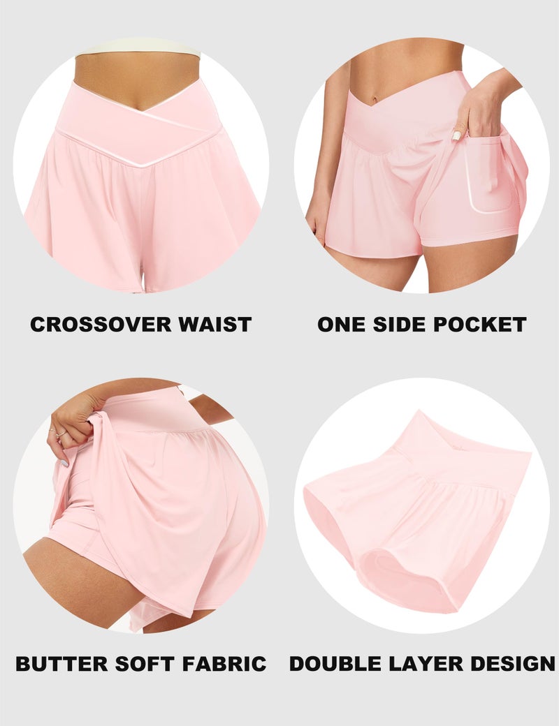 FireSwan Crossover Athletic Shorts for Women 2 in 1 Flowy Running Shorts with Pockets Spandex Butterfly Workout Tennis Skorts Baby Pink - Image 4