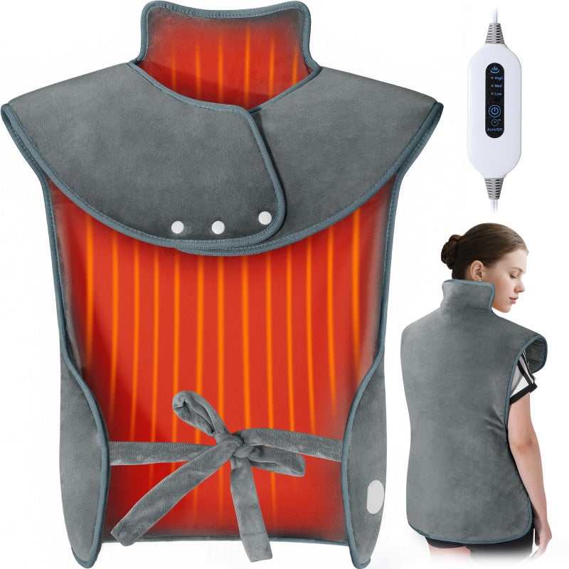 Tovve Heating Pad for Back Neck Shoulders, Large Wearable Relax Muscles, Birthday Gifts for Women Men Mom Dad Elderly, 3 Heat Settings/2-Hour Safe Auto-Off, 24"Ã—37" Ergonomic Fit Design-Gray - Image 1