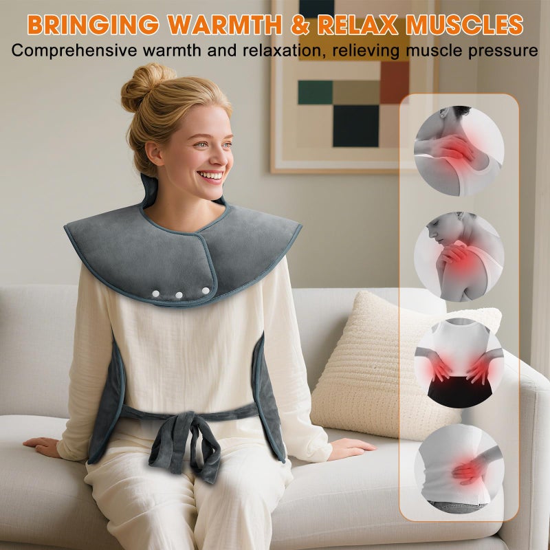 Tovve Heating Pad for Back Neck Shoulders, Large Wearable Relax Muscles, Birthday Gifts for Women Men Mom Dad Elderly, 3 Heat Settings/2-Hour Safe Auto-Off, 24"Ã—37" Ergonomic Fit Design-Gray - Image 2