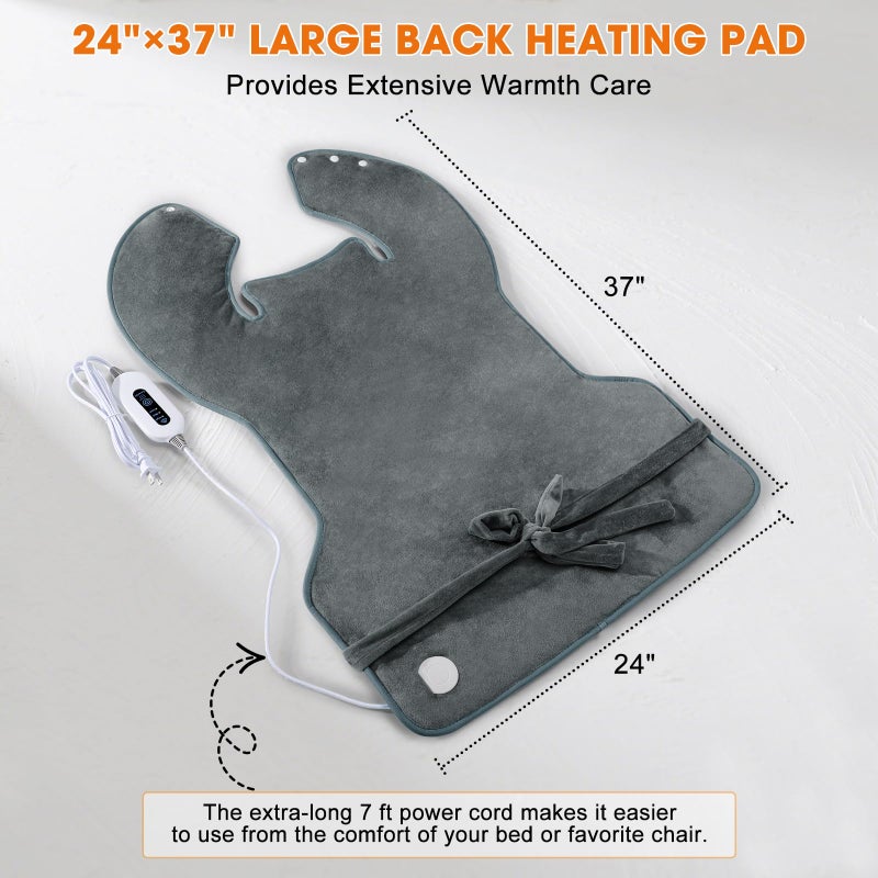 Tovve Heating Pad for Back Neck Shoulders, Large Wearable Relax Muscles, Birthday Gifts for Women Men Mom Dad Elderly, 3 Heat Settings/2-Hour Safe Auto-Off, 24"Ã—37" Ergonomic Fit Design-Gray - Image 5