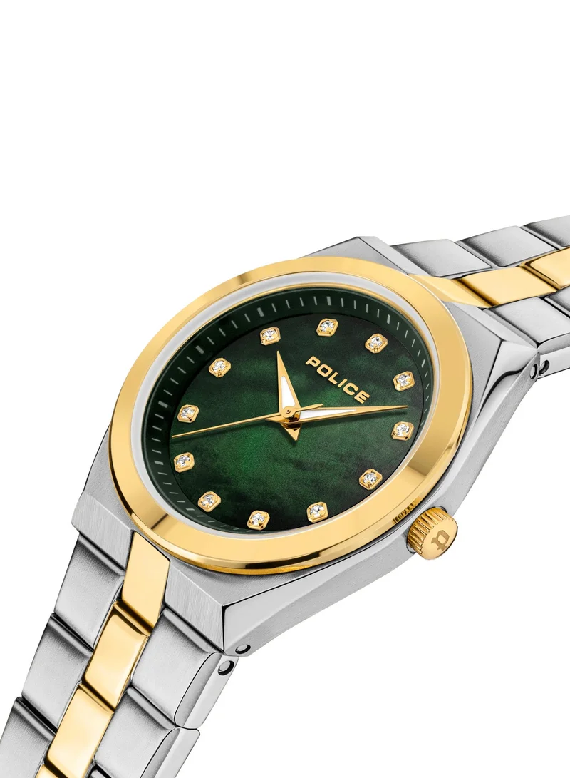 بوليس ساعة نسائية بوليس مي-إل مينا أخضر أم اللؤلؤ وسوار ستانلس ستيل مطلي بالذهب الأصفر والفضي