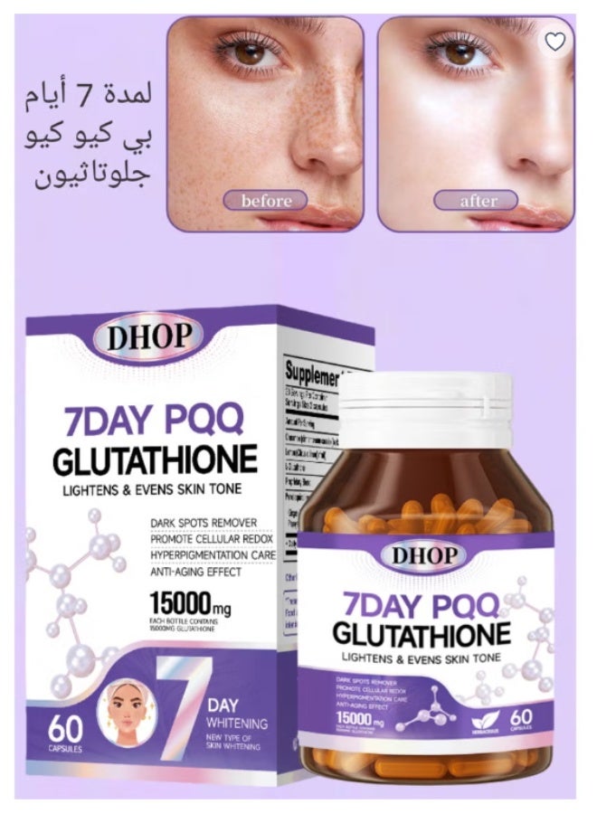 7 Day PQQ Glutathione - Effective Skin Lightening - Dark Spots, Melasma & Acne Scar Remover, Hyperpigmentation Treatment 60 Capsules