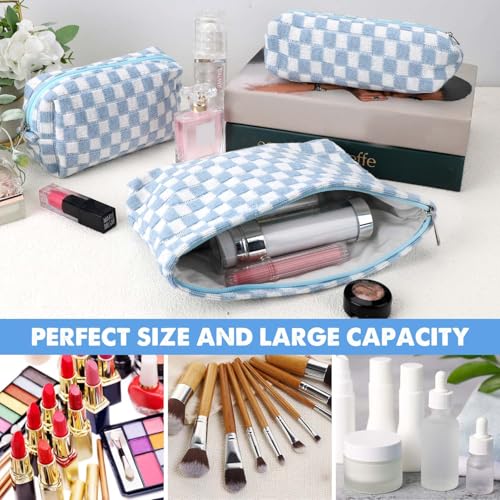 Gocvo 3 Pcs Makeup Bag Cosmetic Bag Set for Girls Women Checkered Travel Organizer Bathroom Toiletry Pouch Large Capacity Storage Bag (Blue-White) - Image 2