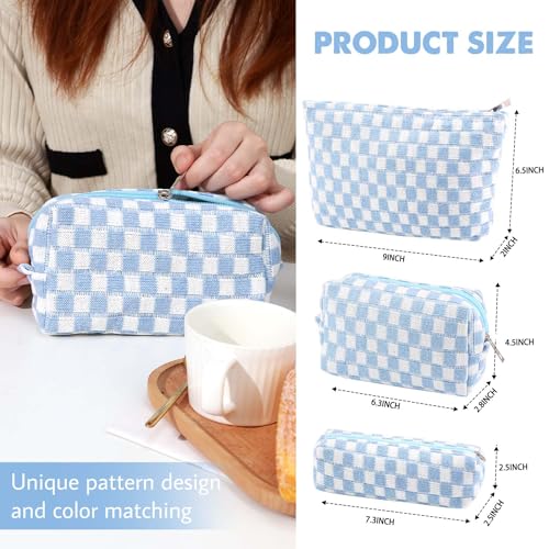 Gocvo 3 Pcs Makeup Bag Cosmetic Bag Set for Girls Women Checkered Travel Organizer Bathroom Toiletry Pouch Large Capacity Storage Bag (Blue-White) - Image 3