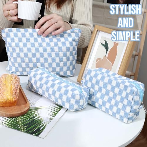 Gocvo 3 Pcs Makeup Bag Cosmetic Bag Set for Girls Women Checkered Travel Organizer Bathroom Toiletry Pouch Large Capacity Storage Bag (Blue-White) - Image 5