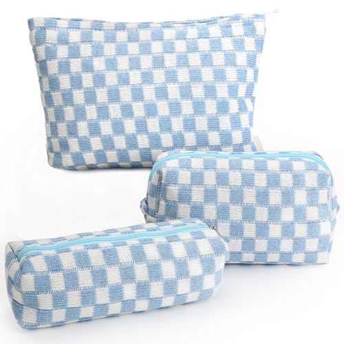 Gocvo 3 Pcs Makeup Bag Cosmetic Bag Set for Girls Women Checkered Travel Organizer Bathroom Toiletry Pouch Large Capacity Storage Bag (Blue-White) - Image 1