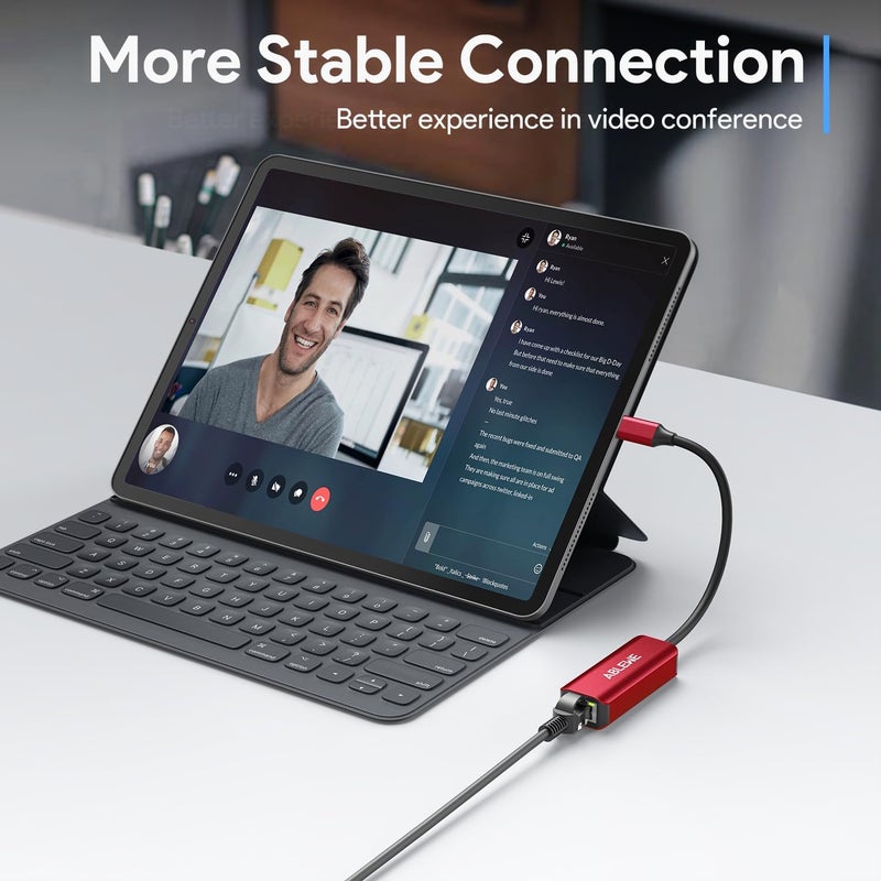 ABLEWE USB C to Ethernet Adapter, Type-C to RJ45 Gigabit Ethernet Adapter, Thunderbolt 3 to RJ45 LAN Network Adapter Compatible for MacBook Pro/Air, iPhone 15/16 Pro/Max, iPad Pro, Dell XPS (Red) - Image 5