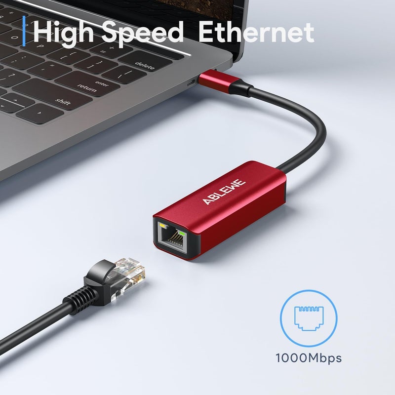 ABLEWE USB C to Ethernet Adapter, Type-C to RJ45 Gigabit Ethernet Adapter, Thunderbolt 3 to RJ45 LAN Network Adapter Compatible for MacBook Pro/Air, iPhone 15/16 Pro/Max, iPad Pro, Dell XPS (Red) - Image 2