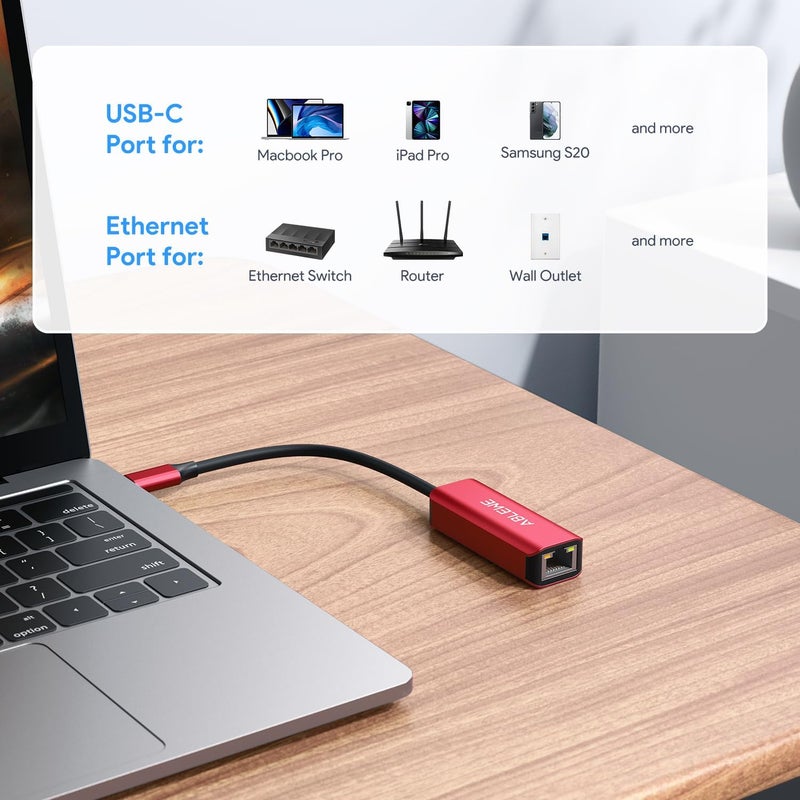 ABLEWE USB C to Ethernet Adapter, Type-C to RJ45 Gigabit Ethernet Adapter, Thunderbolt 3 to RJ45 LAN Network Adapter Compatible for MacBook Pro/Air, iPhone 15/16 Pro/Max, iPad Pro, Dell XPS (Red) - Image 4