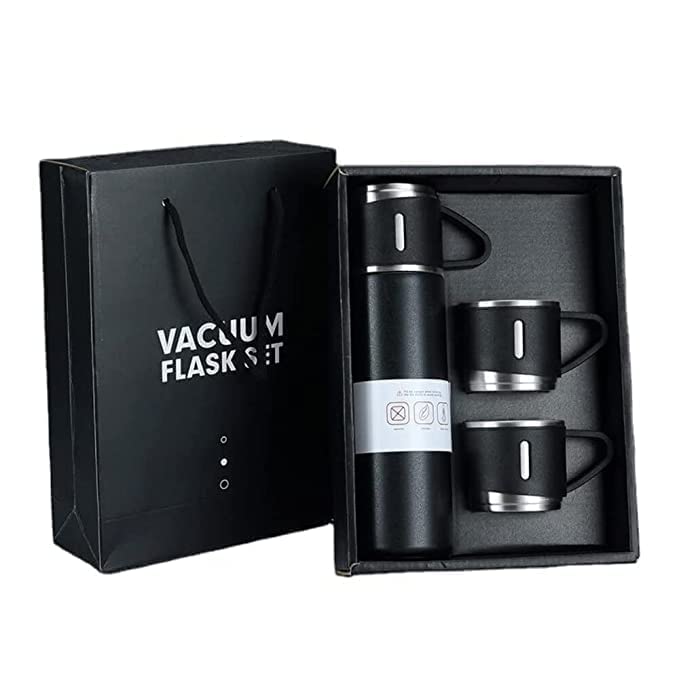 KAVANA KAVANA Double Wall Stainless Steel Thermo 500ml Vacuum Insulated Bottle Water Flask Gift Set with Two Cups Hot Cold Assorted Color Diwali Gifts for Employees Corporate Gift Items Black - Image 1