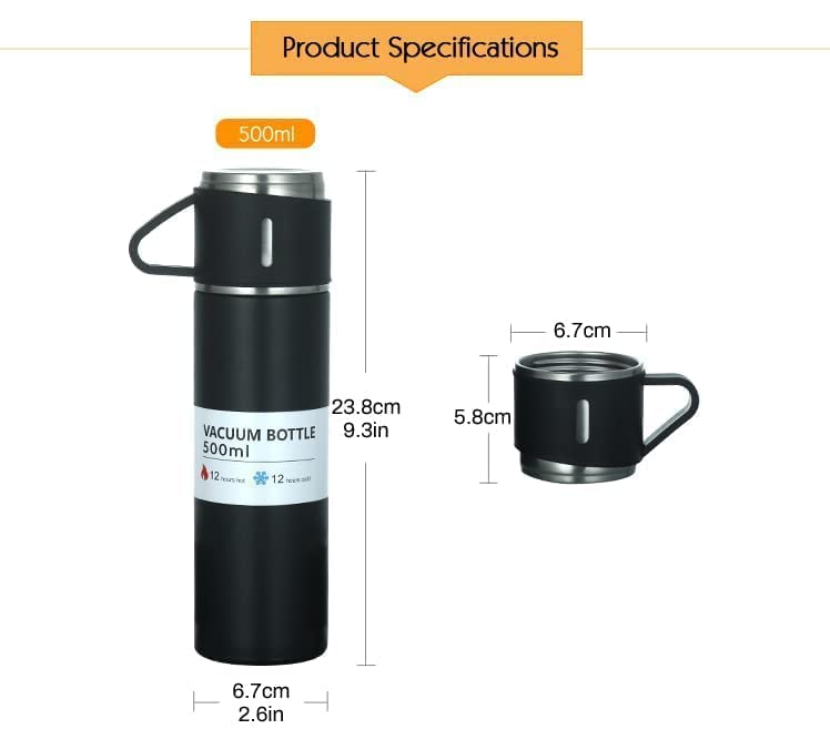 KAVANA KAVANA Double Wall Stainless Steel Thermo 500ml Vacuum Insulated Bottle Water Flask Gift Set with Two Cups Hot Cold Assorted Color Diwali Gifts for Employees Corporate Gift Items Black - Image 4