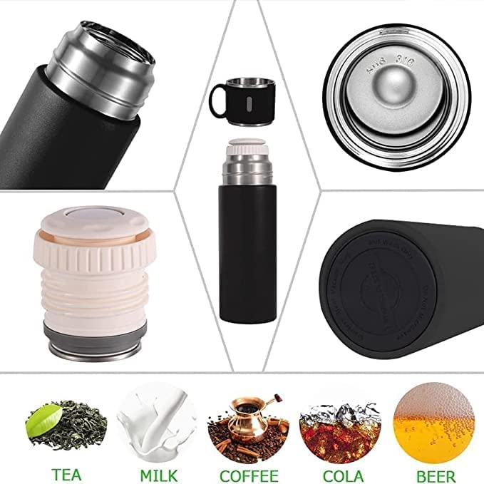 KAVANA KAVANA Double Wall Stainless Steel Thermo 500ml Vacuum Insulated Bottle Water Flask Gift Set with Two Cups Hot Cold Assorted Color Diwali Gifts for Employees Corporate Gift Items Black - Image 3