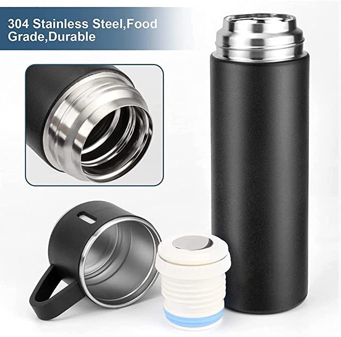 KAVANA KAVANA Double Wall Stainless Steel Thermo 500ml Vacuum Insulated Bottle Water Flask Gift Set with Two Cups Hot Cold Assorted Color Diwali Gifts for Employees Corporate Gift Items Black - Image 2